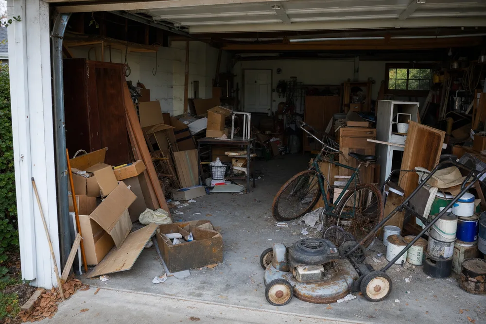 A cluttered suburban garage packed with old boxes, furniture and a dead lawnmower before a cleanout